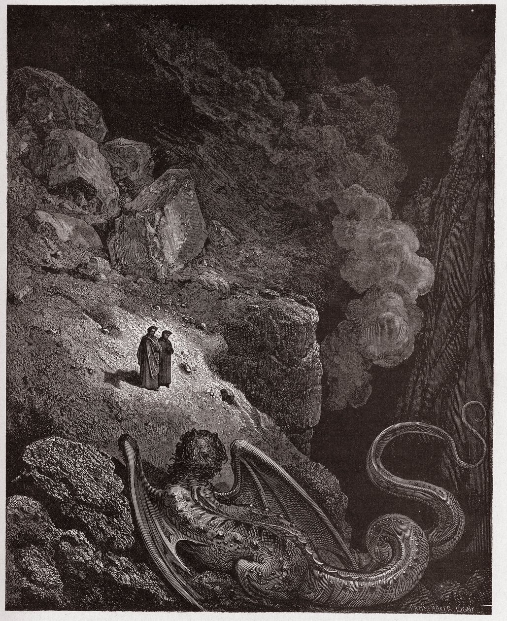İlahi Komedya (La Divina Commedia, La Divine Comedie), Cehennem, Canto 17: Geryon, aldatmanın sembolü - Dante Alighieri (1265-1321) - Çizim Gustave Dore (1832-1883) by Gustave Dore