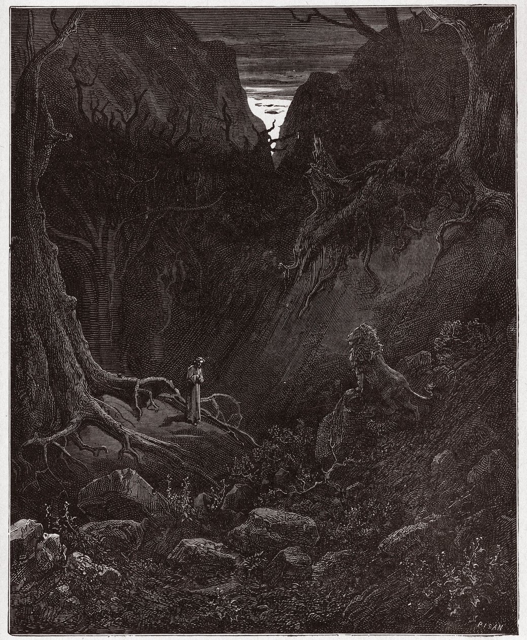 İlahi Komedya (La Divina Commedia, La Divine Comedie), Cehennem, Canto 1: Aslan aniden Dante ile yüzleşir - Dante Alighieri (1265-1321) - Çizim Gustave Dore (1832-1883) by Gustave Dore