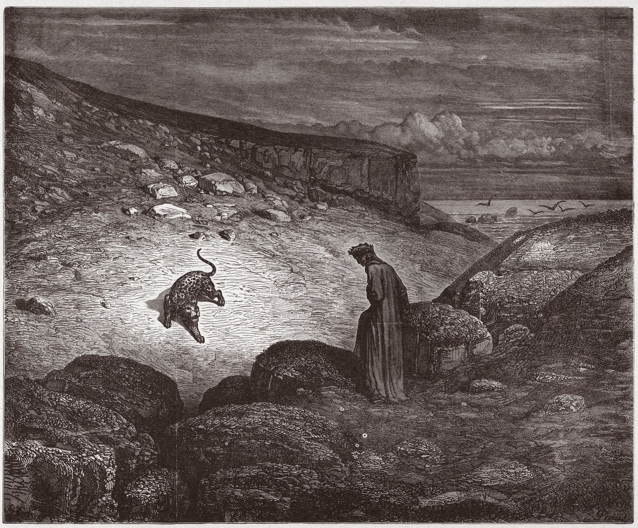 İlahi Komedya (La Divina Commedia, La Divine Comedie), Cehennem, Canto 1: Yükselişin başlangıcındaki panter - Dante Alighieri (1265-1321) - Çizim Gustave Dore (1832-1883) by Gustave Dore