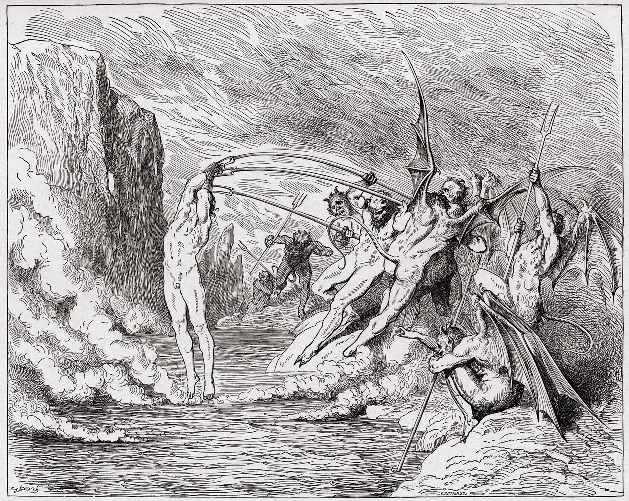 İlahi Komedya (La Divina Commedia, La Divine Comedie), Cehennem, Canto 21: Şeytanlar barratörlere eziyet ediyor - Dante Alighieri (1265-1321) - Çizim Gustave Dore (1832-1883) by Gustave Dore