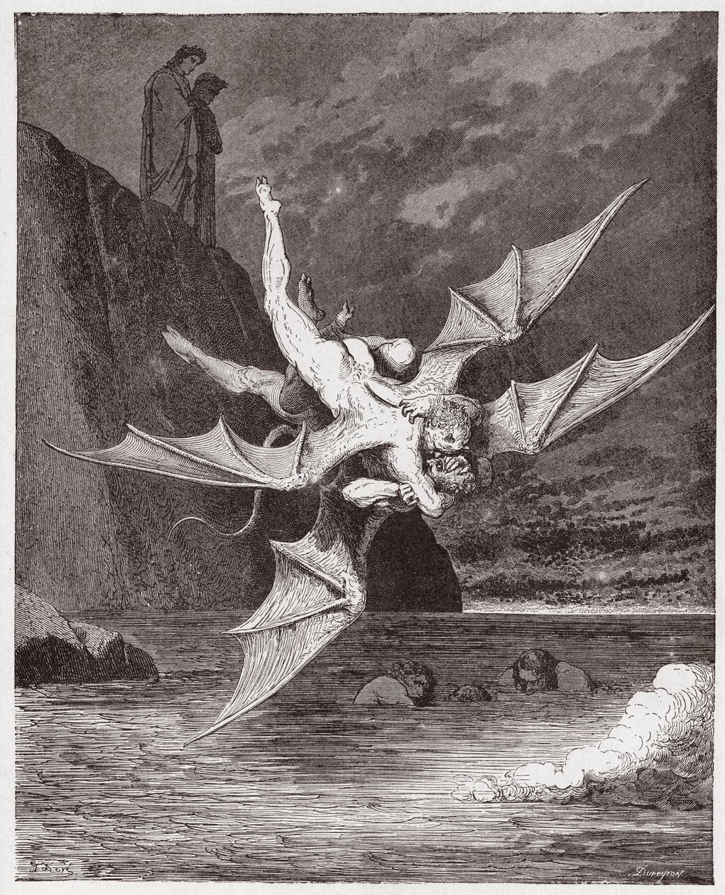 İlahi Komedya (La Divina Commedia, La Divine Comedie), Cehennem, Canto 22: Alichino ve Calcabrina sahanın üzerinde boğuşuyor - Dante Alighieri (1265-1321) - Çizim Gustave Dore (1832-1883) by Gustave Dore
