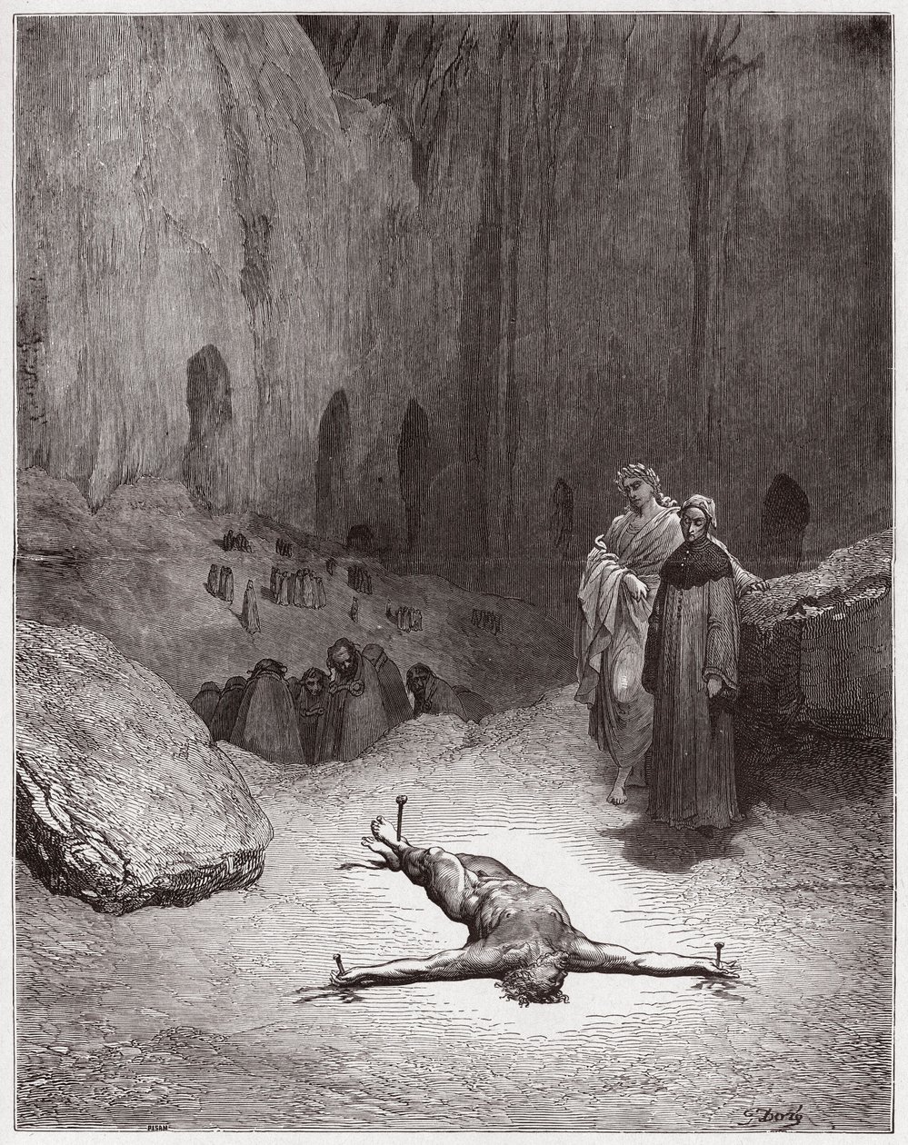 İlahi Komedya (La Divina Commedia, La Divine Comedie), Cehennem, Kanto 23: İkiyüzlüler arasında çarmıha gerilmiş bir Ferisi - Dante Alighieri (1265-1321) - Çizim Gustave Dore (1832-1883) by Gustave Dore