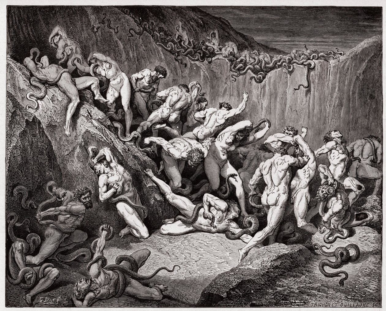 İlahi Komedya (La Divina Commedia, La Divine Comedie), Cehennem, Canto 24: Yılanlar tarafından işkence gören hırsızlar - Dante Alighieri (1265-1321) - Gustave Dore tarafından yapılan illüstrasyon (1832-1883) by Gustave Dore