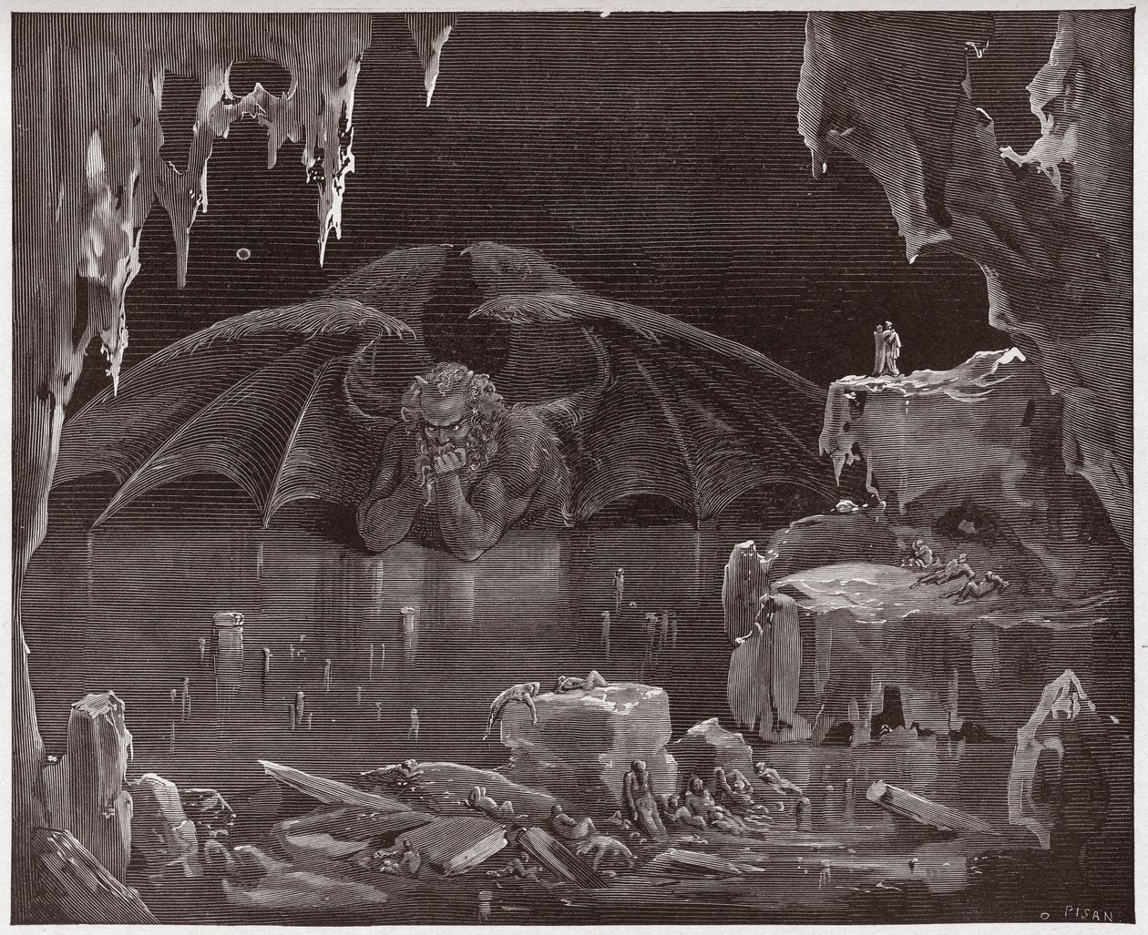 İlahi Komedya (La Divina Commedia, La Divine Comedie), Cehennem, Canto 34: Lucifer, Cehennemin Kralı, buzda donmuş - Dante Alighieri (1265-1321) - Çizim Gustave Dore (1832-1883) by Gustave Dore