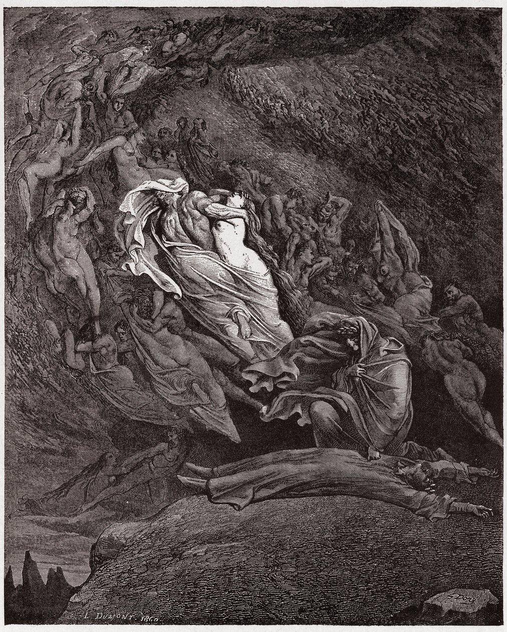 İlahi Komedya (La Divina Commedia, La Divine Comedie), Cehennem, Canto 5: Francesca ölümünü anlatıyor - Dante Alighieri (1265-1321) - Çizim Gustave Dore (1832-1883) by Gustave Dore
