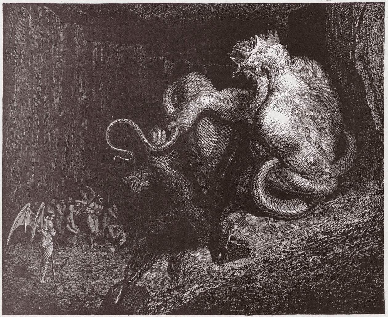 İlahi Komedya (La Divina Commedia, La Divine Comedie), Cehennem, Canto 5: Minos, ihlalleri yargılar ve ruhları gönderir - Dante Alighieri (1265-1321) - Çizim Gustave Dore (1832-1883) by Gustave Dore