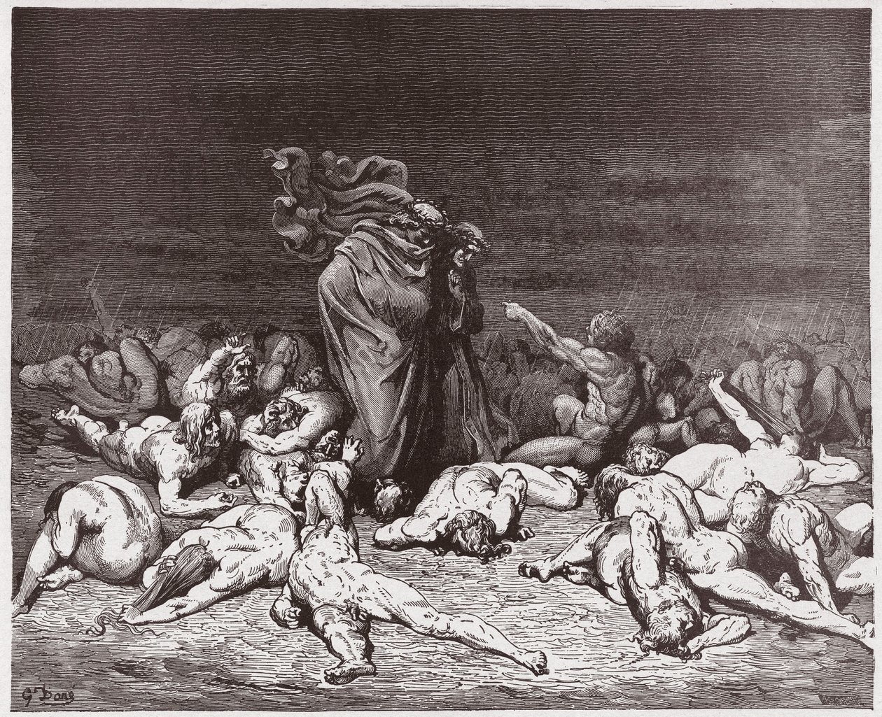 İlahi Komedya (La Divina Commedia, La Divine Comedie), Cehennem, Canto 6: Ebedi yağmurun hırpaladığı oburlar - Dante Alighieri (1265-1321) - Çizim Gustave Dore (1832-1883) by Gustave Dore
