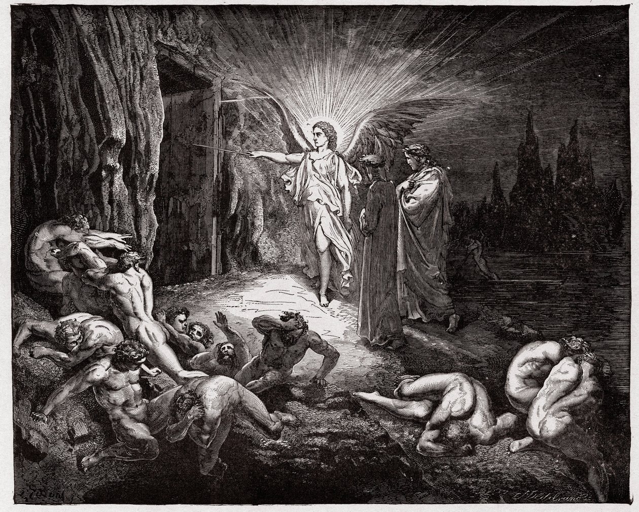 İlahi Komedya (La Divina Commedia, La Divine Comedie), Cehennem, Canto 9: Melek kapıları açar - Dante Alighieri (1265-1321) - Gustave Dore tarafından yapılan illüstrasyon (1832-1883) by Gustave Dore