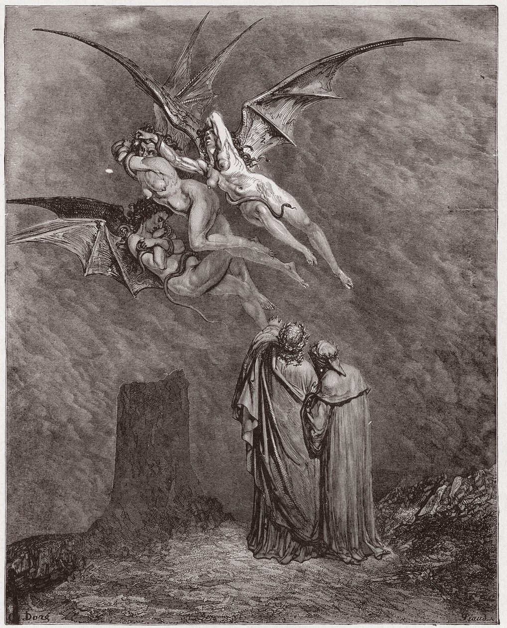 İlahi Komedya (La Divina Commedia, La Divine Comedie), Cehennem, Canto 9: Korkunç Erinyes: Megaera, Tisphone, Alecto - Dante Alighieri (1265-1321) - Çizim Gustave Dore (1832-1883) by Gustave Dore