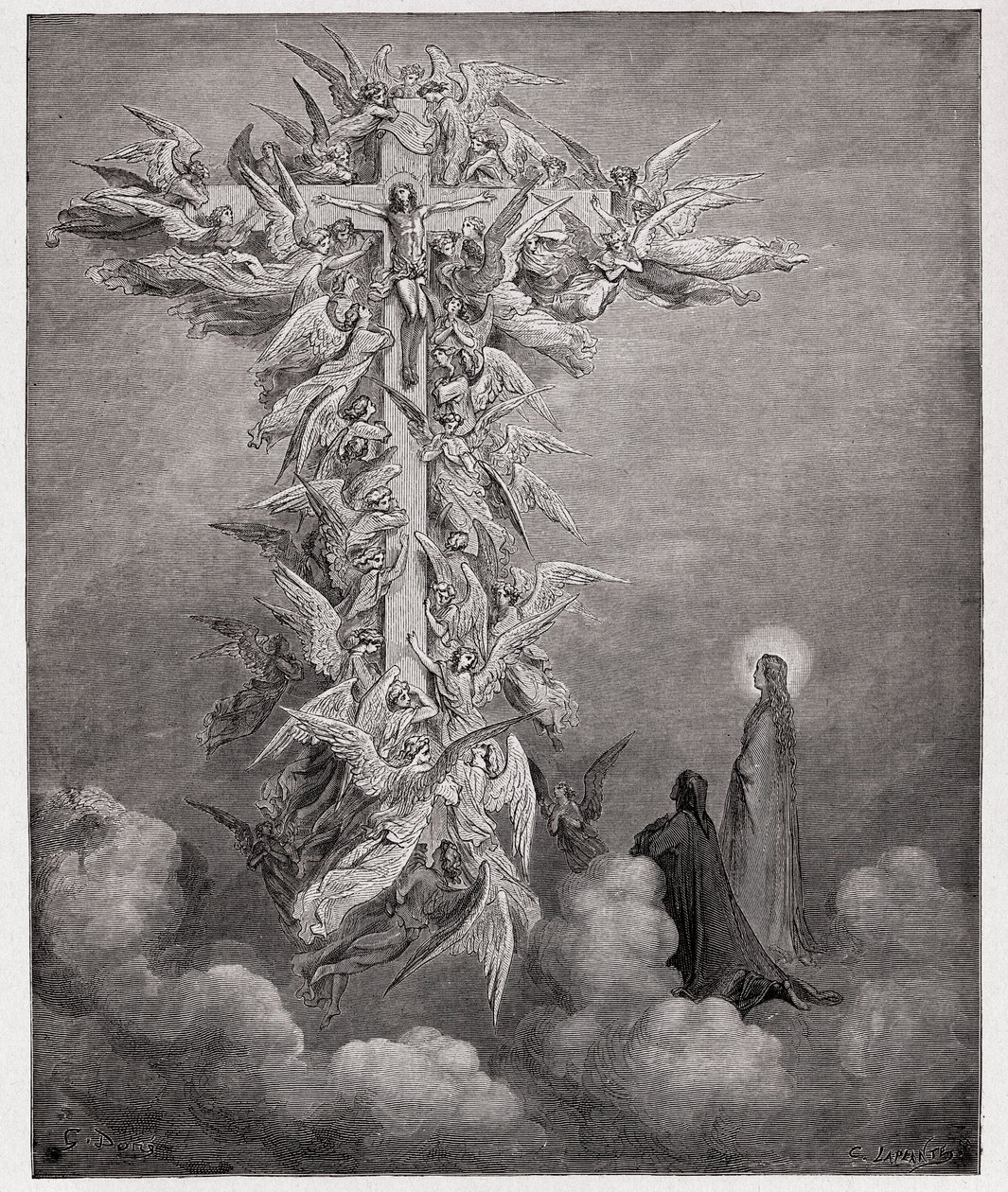 İlahi Komedya (La Divina Commedia, La Divine Comedie), Paradiso, Canto 14: Dante ve Beatrice melekleri çarmıhta Mesih ile görüyor - Dante Alighieri (1265-1321) - Gustave Dore
