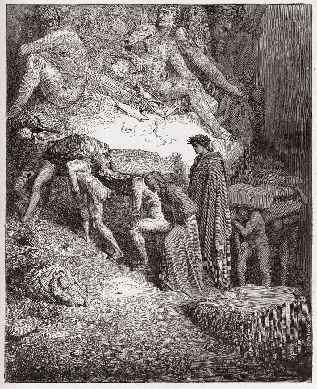 İlahi Komedya (La Divina Commedia, La Divine Comedie), Purgatorio, Canto 11: Ağır taşlar taşıyan gururlu ruhlar - Dante Alighieri (1265-1321) - Çizim Gustave Dore (1832-1883) by Gustave Dore