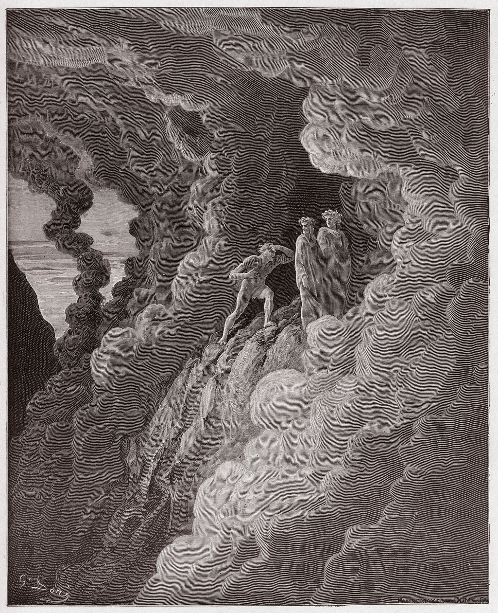 İlahi Komedya (La Divina Commedia, La Divine Comedie), Purgatorio, Canto 16: Marco Lombardo, şairleri dumanın içinden takip ediyor - Dante Alighieri (1265-1321) - Gustave Dore