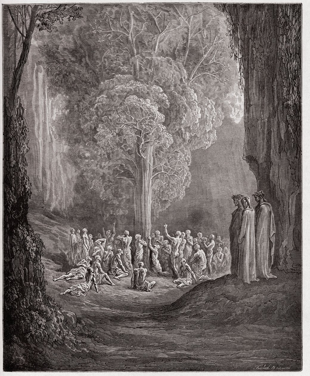 İlahi Komedya (La Divina Commedia, La Divine Comedie), Purgatorio, Canto 24: Ağacın altında çığlık atan obur ruhlar - Dante Alighieri (1265-1321) - Çizim Gustave Dore (1832-1883) by Gustave Dore
