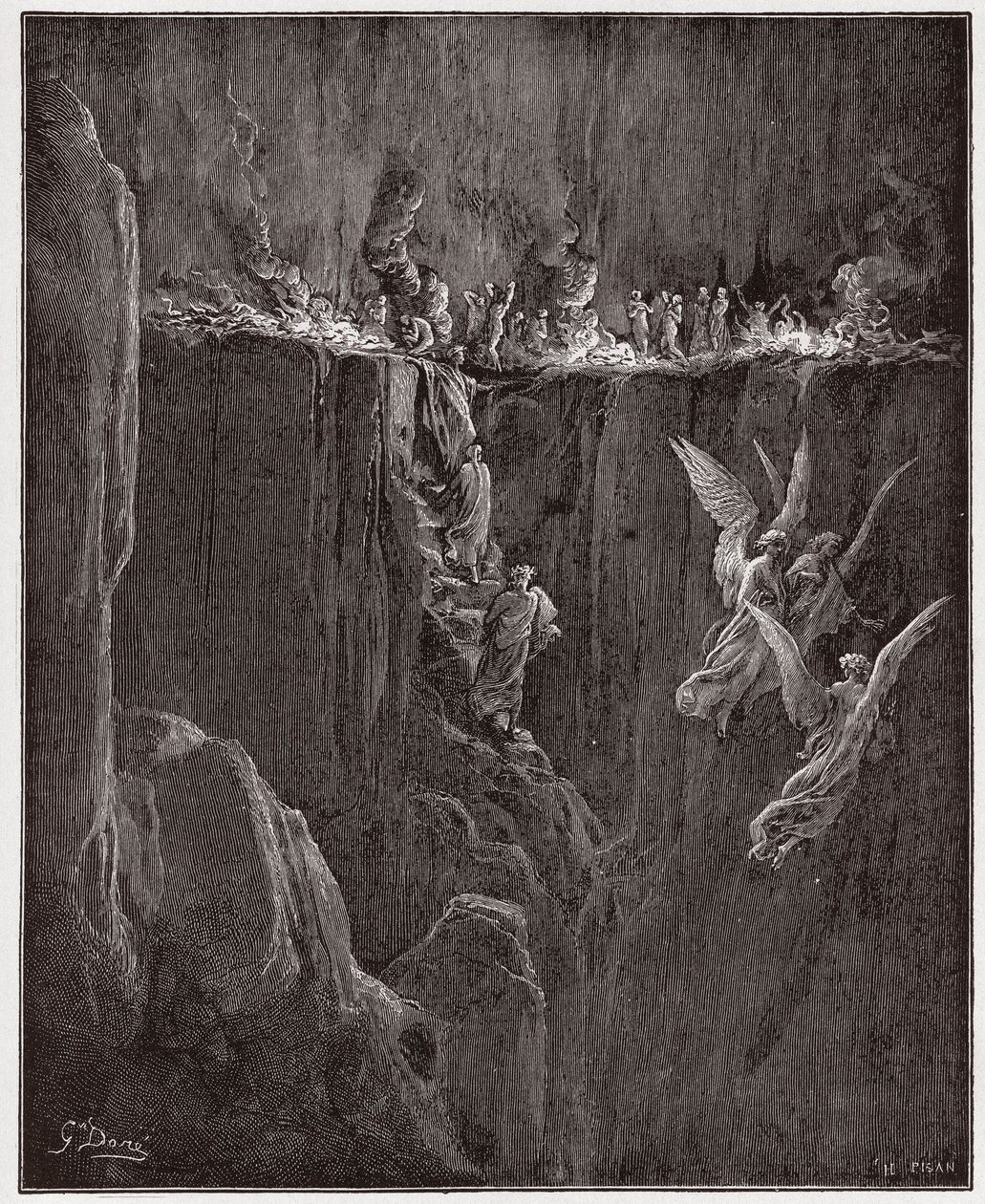 İlahi Komedya (La Divina Commedia, La Divine Comedie), Purgatorio, Canto 25: Virgil ve Dante alevlerin içinden yedinci daireye yükselir - Dante Alighieri (1265-1321) - Gustave Dore