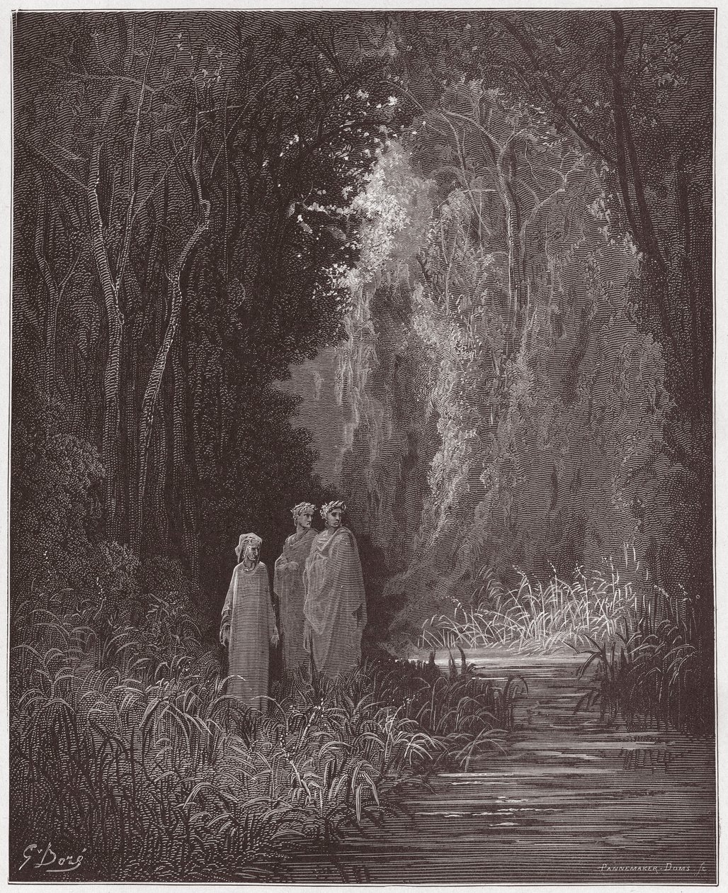 İlahi Komedya (La Divina Commedia, La Divine Comedie), Purgatorio, Canto 28: Karasal cennetin eski ormanında Dante, Virgil ve Statius - Dante Alighieri (1265-1321) - Çizim Gustave Dore (1832-1883) ) by Gustave Dore