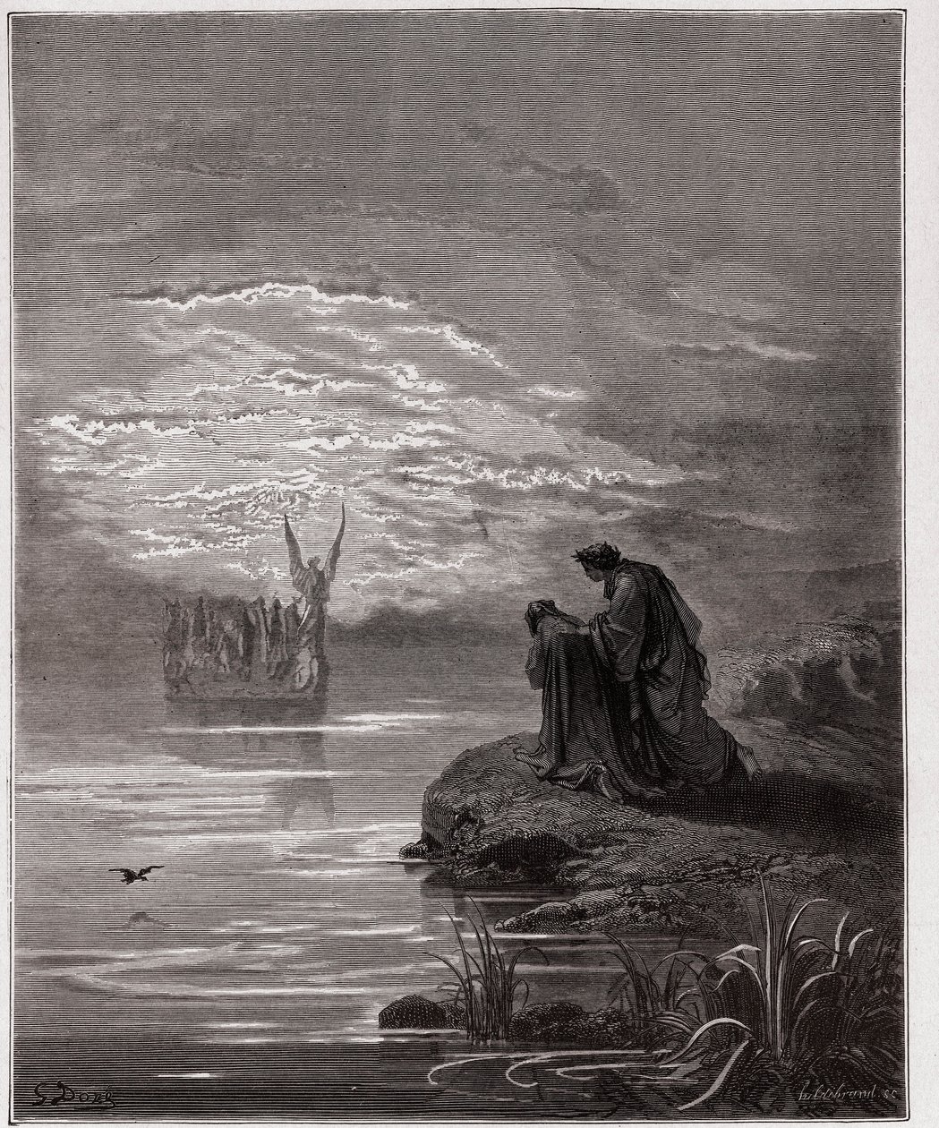 İlahi Komedya (La Divina Commedia, La Divine Comedie), Araf, Canto 2: Dante melek pilotun önünde eğiliyor - Dante Alighieri (1265-1321) - Çizim Gustave Dore (1832-1883) by Gustave Dore