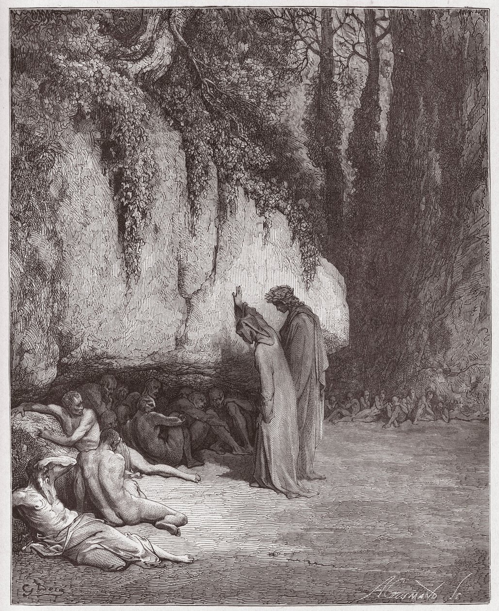 İlahi Komedya (La Divina Commedia, La Divine Comedie), Purgatorio, Canto 4: Kayanın Yanındaki Tembel ruhlar - Dante Alighieri (1265-1321) - Çizim Gustave Dore (1832-1883) by Gustave Dore