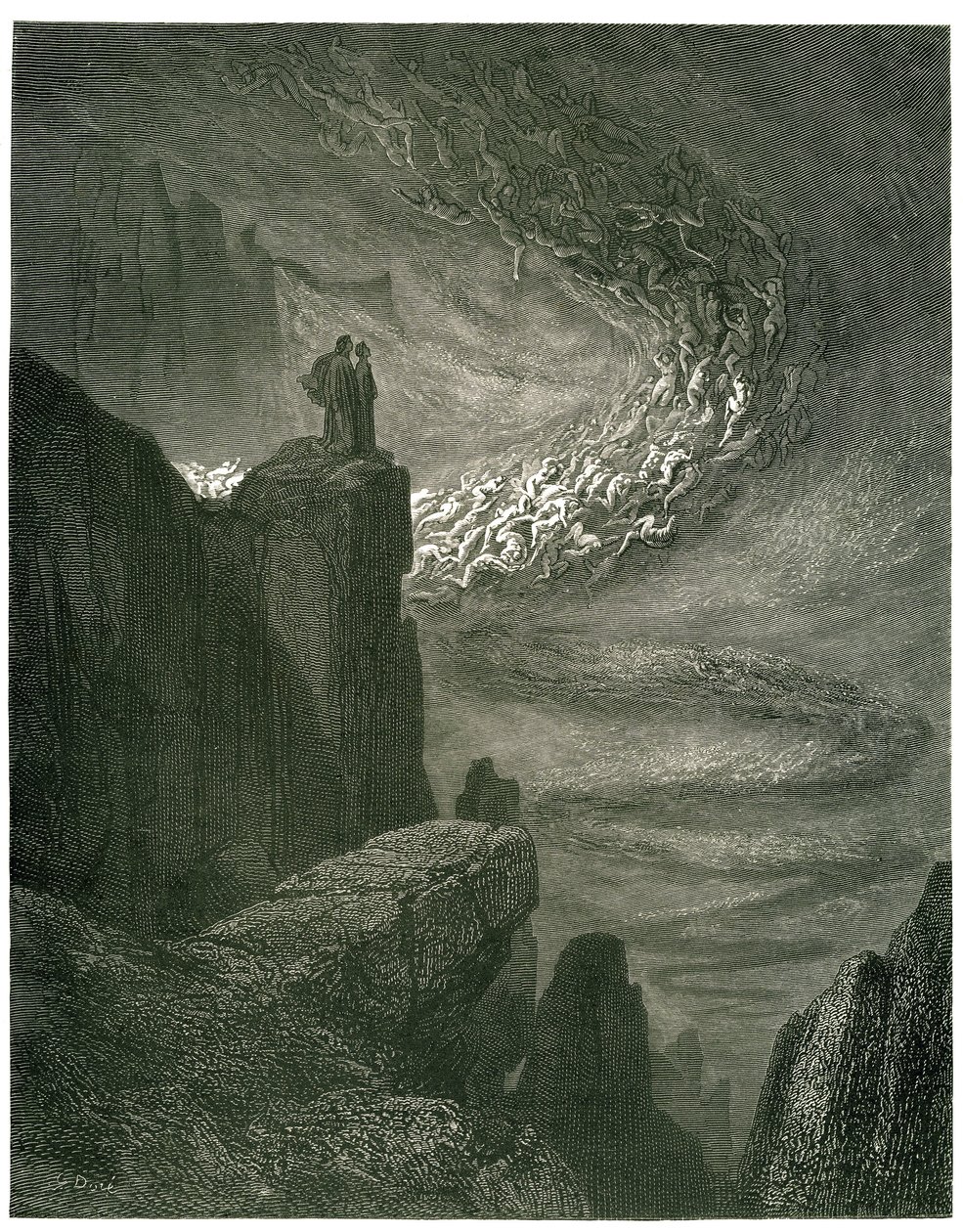 Gustave Dore tarafından resmedilen Dante Alighieri'nin Cehennemi (İlahi Komedya). 1861'in Fransızca baskısı. “Asla devam etmeyen cehennem fırtınası / Soygunuyla ruhları yener. (Hiç durmayan cehennem kasırgası, kasırgasına ruhları çeker)”, by Gustave Dore