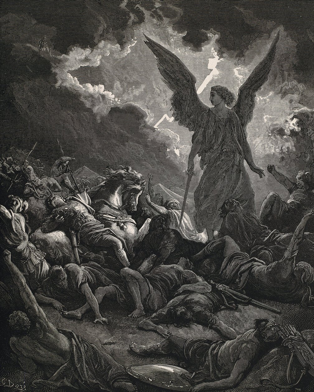 Kutsal İncil. 1866. SENNACHERIB (MÖ 705-681). Asur Kralı (MÖ 705-681). Sennacherib ordusunun RABbin meleği. Oymak by Gustave Dore