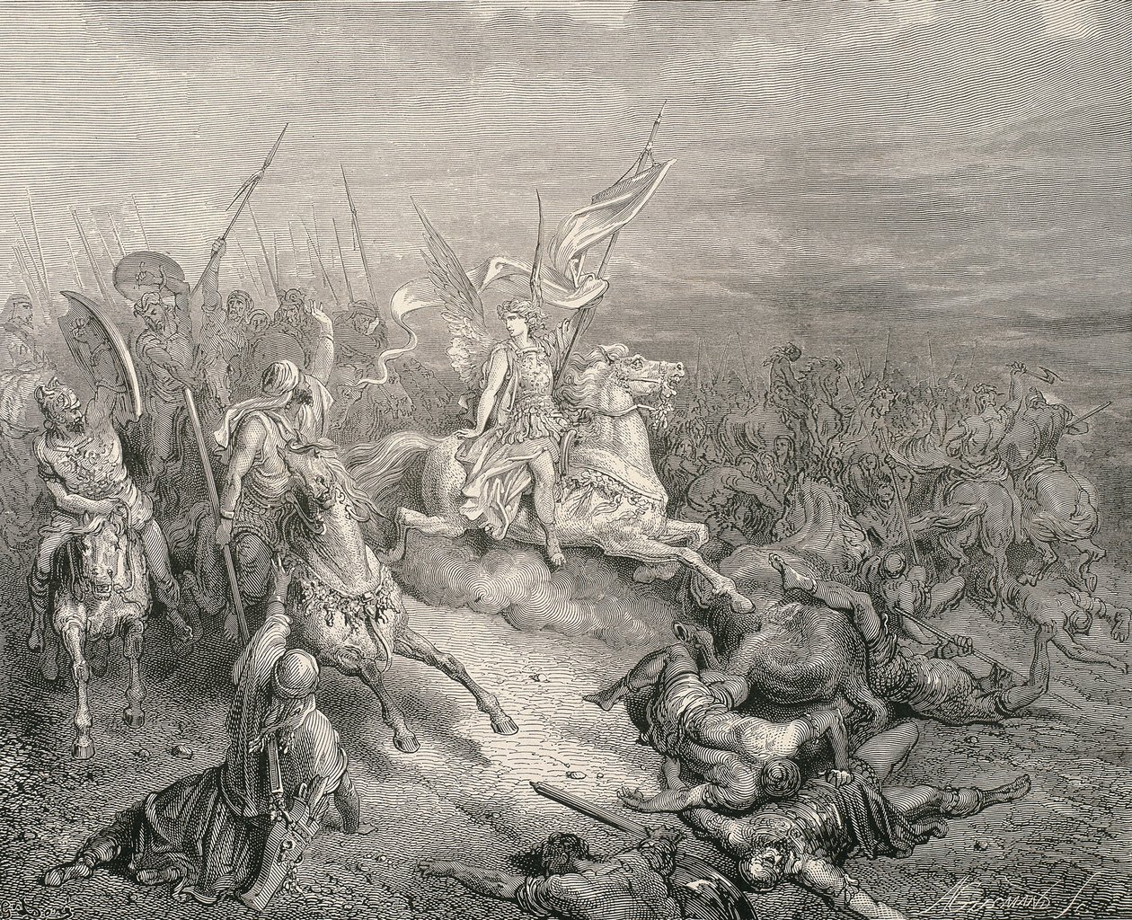 Kutsal İncil. 1866. Makabilerin meleği. Oymak by Gustave Dore