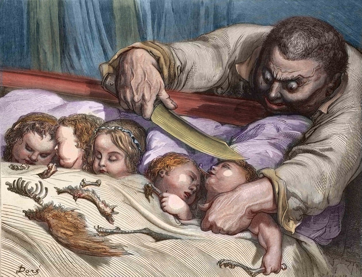 Küçük Başparmak, Charles Perrault (fransız yazar) Dev, kızlarının boğazlarını tereddüt etmeden kesti (gravür) by Gustave Dore