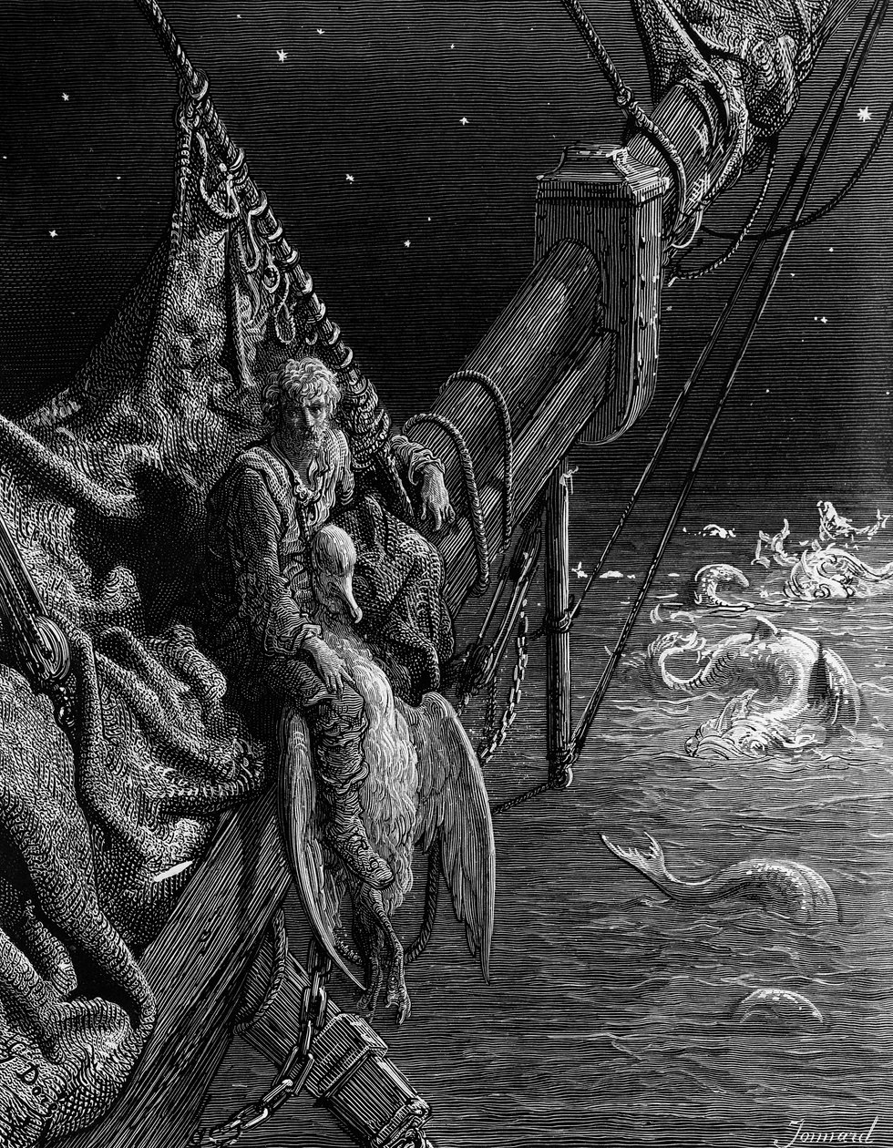 Denizci, okyanustaki yılanlara bakar, S.T. Coleridge, Harper und Brothers tarafından yayınlandı, New York, 1876 (ahşap gravür) by Gustave Dore