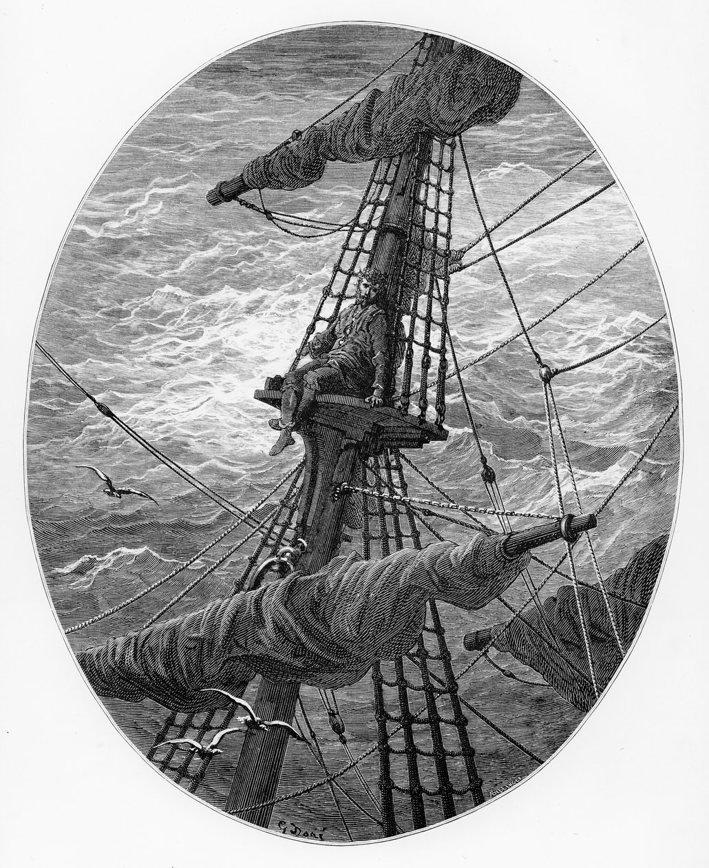 Denizci bir fırtına sırasında direğe tırmanıyor, S.T. Coleridge, Harper und Brothers tarafından yayınlandı, New York, 1876 (ahşap gravür) by Gustave Dore