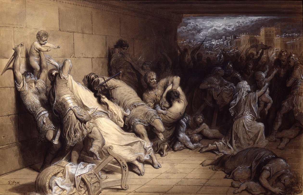 Masumların Katliamı, 1870 dolayları (kağıt üzerinde beyazla zenginleştirilmiş yıkamalı kalem ve mürekkep) by Gustave Dore