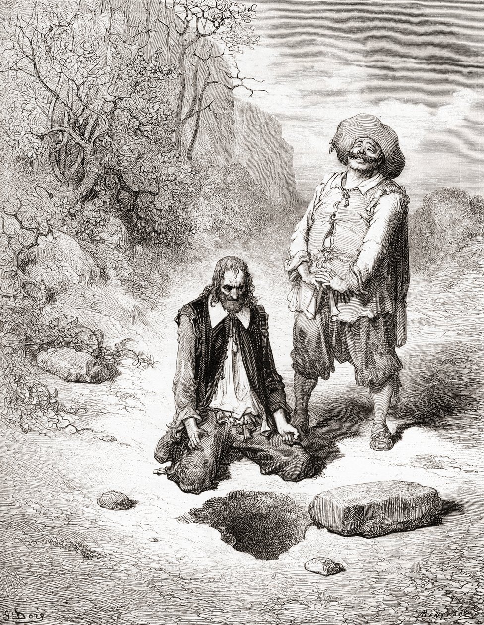 Hazinesini Kaybeden Cimri, 19. yüzyıl sonlarında Fables de La Fontaine baskısından (ahşap gravür) by Gustave Dore