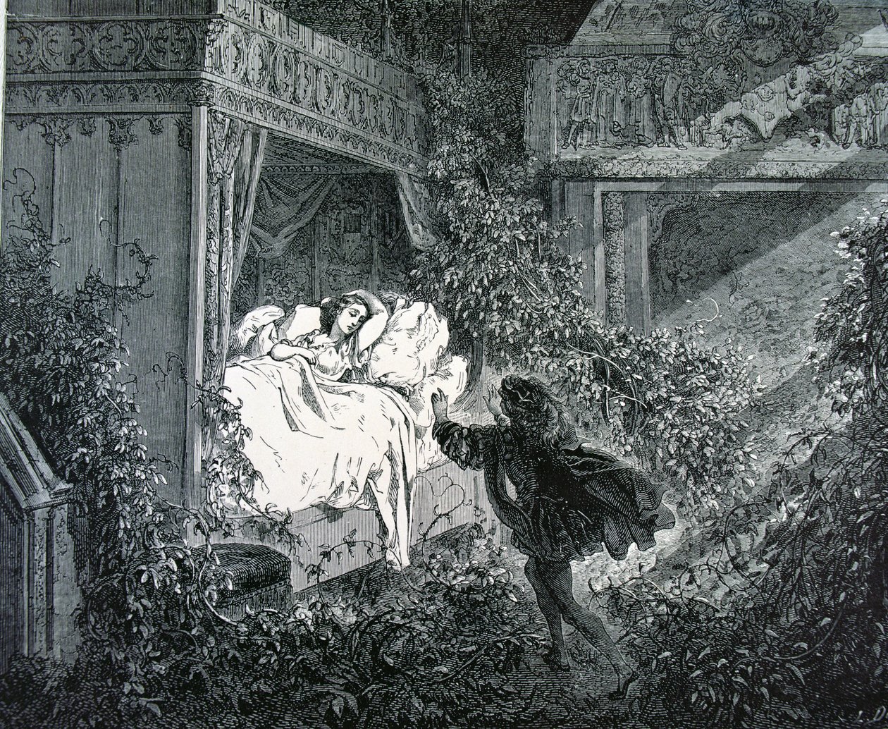 Prens, büyülü kalede Prenses'in yatak odasına giriyor, Charles Perrault'nun (1628-1703) 'Uyuyan Güzel' çizimi by Gustave Dore