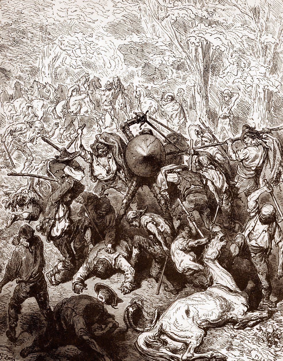 Miguel de Cervantes'in (1547-1616) "The Ingenieux Hidalgo Don Quixotte de la Manche (Quixotte - Quijote)" adlı eseri için Gustave Dore'nin (1832-1883) Yanguas Gravüründe katırcılarla mücadele (1547-1616) 1863 Özel koleksiyon by Gustave Dore