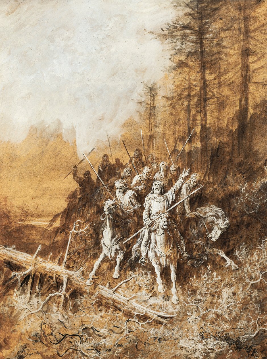 Şövalyelerin yürüyüşü, bir dizi şiir için illüstrasyon, Kral İdilleri, Albert Tennyson (1809-1892), suluboya Gustave Dore