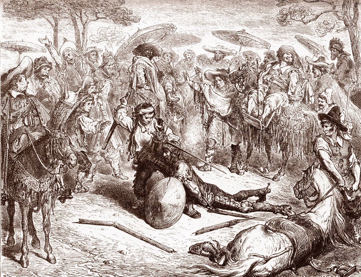 Toledo tüccarları, katır sürücülerinden birinin Miguel de Cervantes'in (1547-1616) "The Ingenieux Hidalgo Don Quixote Quixote" (1547-1616)) için Gustave Dore'un (1832-1883) Don Kişot Gravürünü yenmesine bakıyorlar. by Gustave Dore