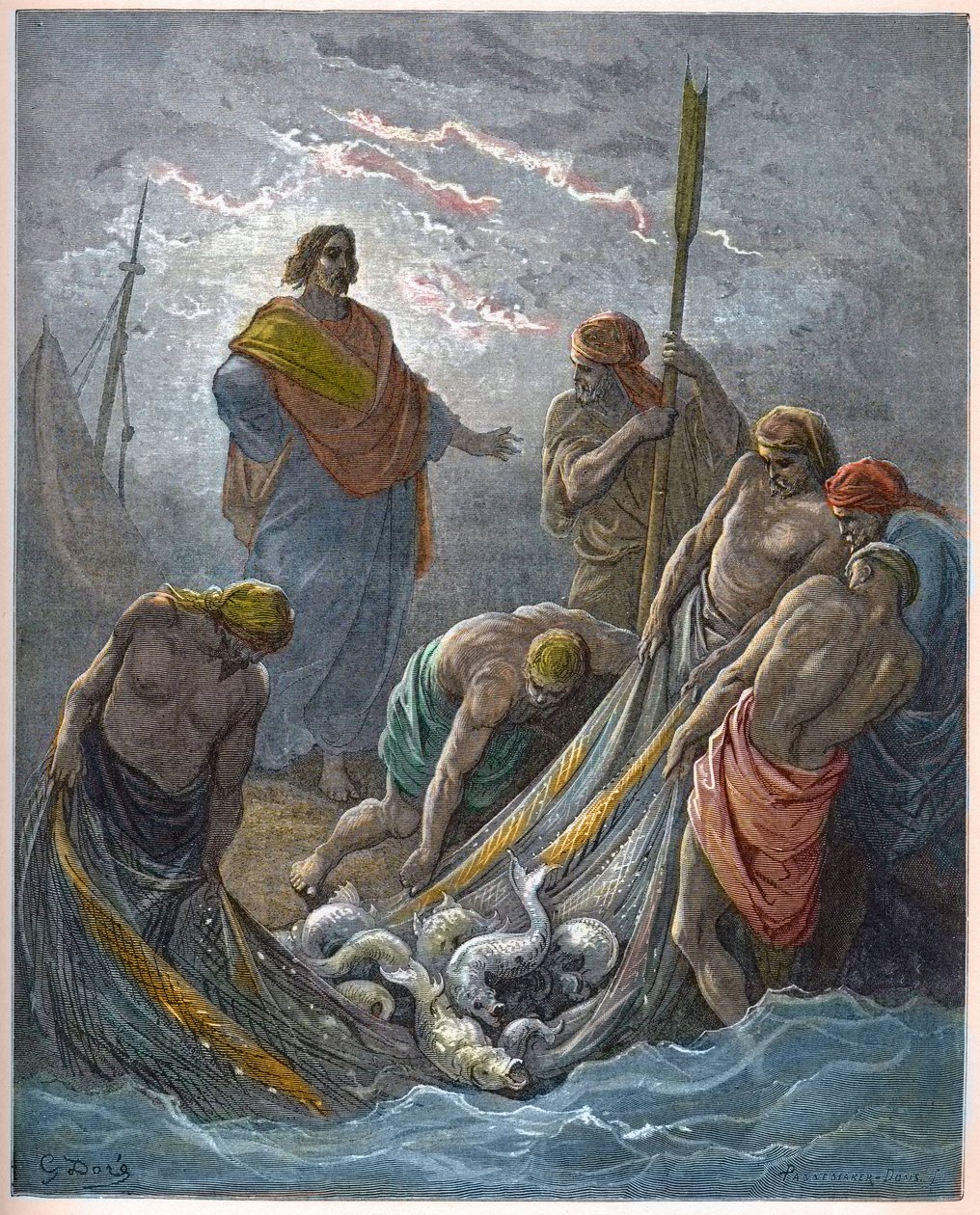 Mucizevi balık çekimi - Mucizevi Balıkçılık - - Gustave Dore (1832-1883) “The Bible illustree”deki gravür - “The Dore Bible”dan gravür by Gustave Dore
