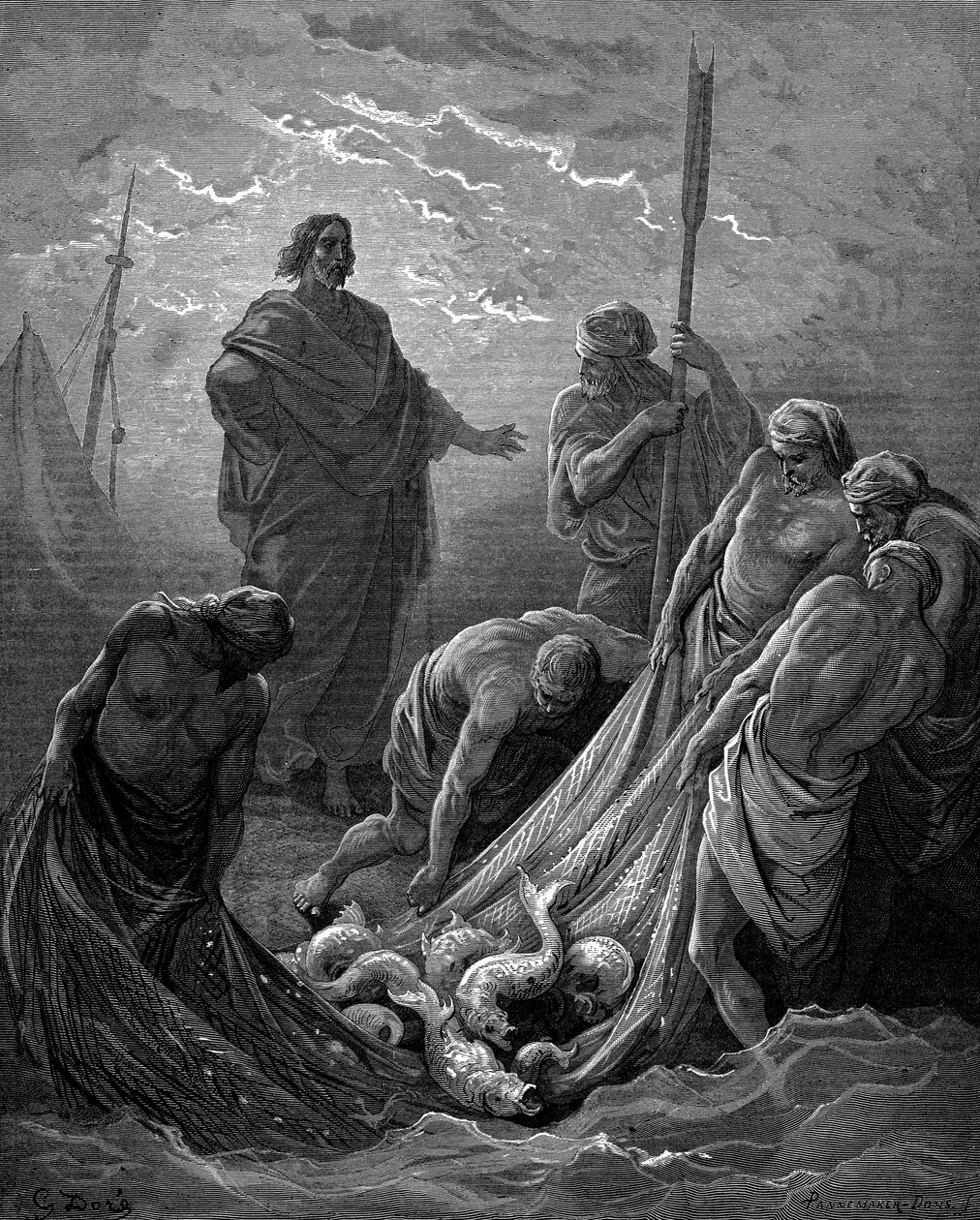 Balıkların mucizevi taslağı. Luka: 5:6. Gustave Dore'un resimli İncil'inden 1865 by Gustave Dore