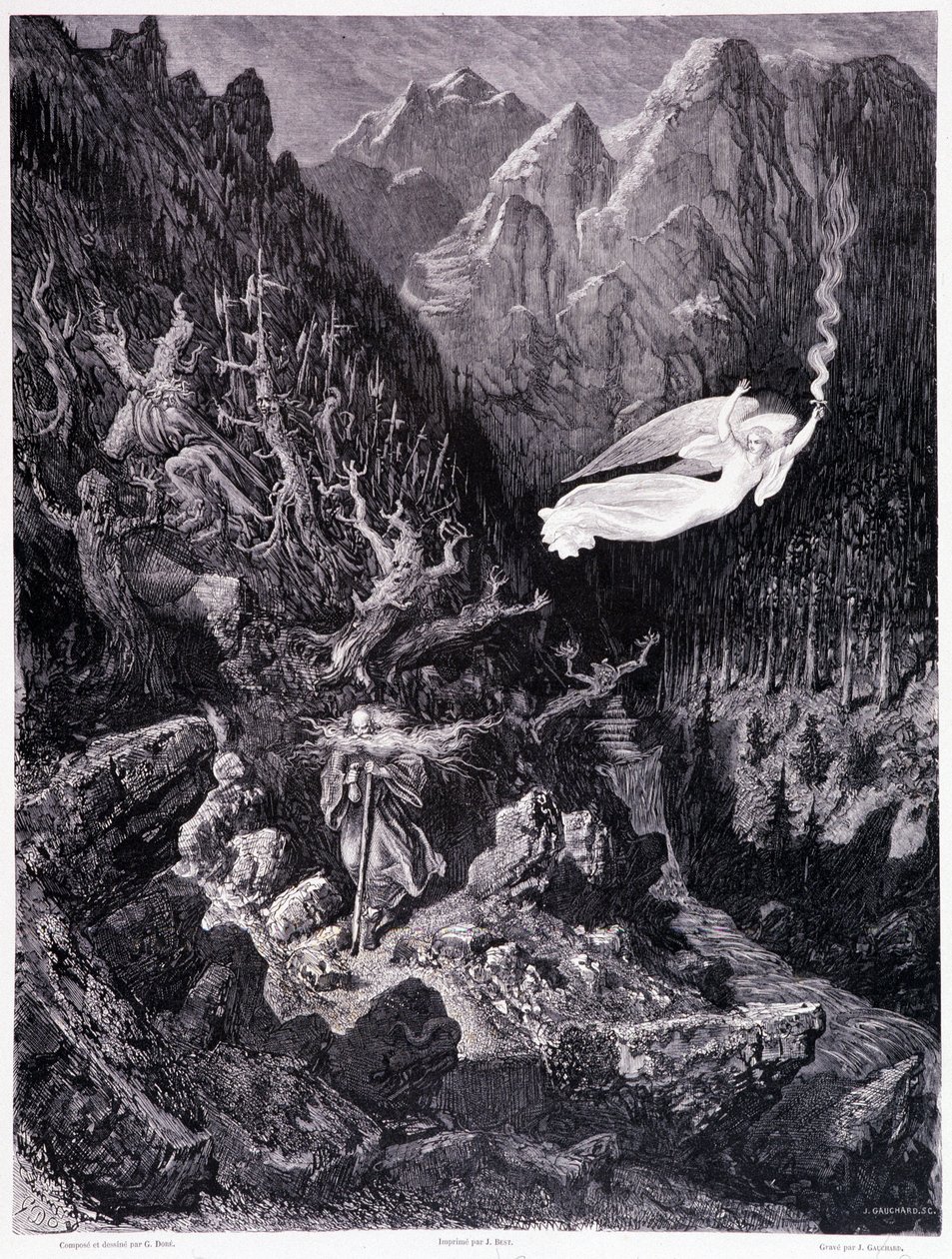 Elinde çantası ve sopasıyla düşman bir arazide yürüyen yaşlı adamın tepesinde, ateş hızıyla sallayan bir melek var, Levha VII - Gustave Dore