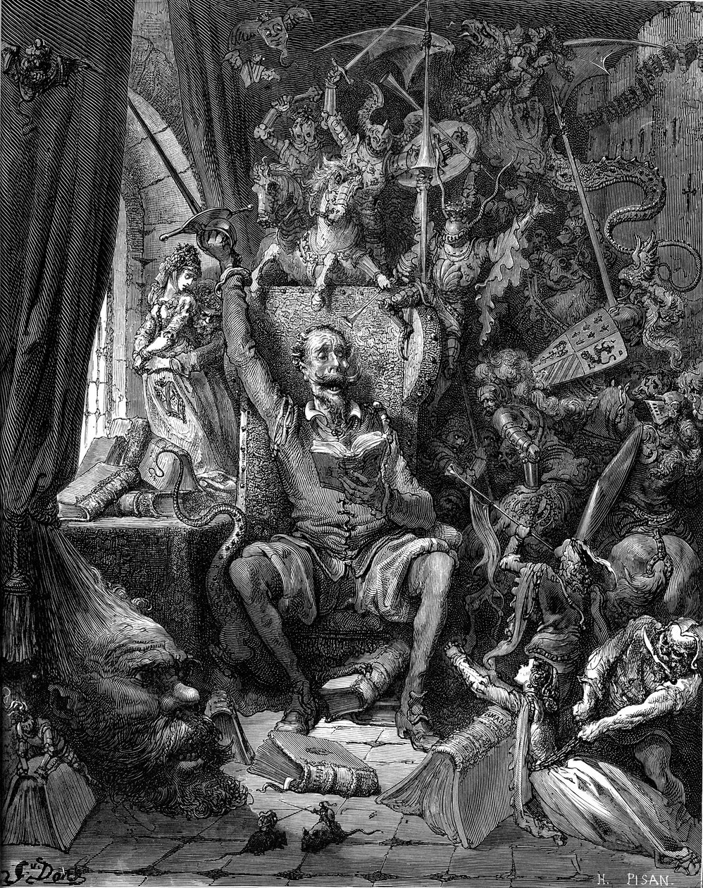 Don Kişot'un okunması (Kişot veya Qijote). Miguel de Cervantes Saavedra'nın “” L'ingenieux hidalgo Don Quixote de la Mancha”” (Mancha) kitabının 1869 Hachette baskısını gösteren Gustave Dore gravürü, Louis Viardot'un çevirisi, 370 kompozisy by Gustave Dore