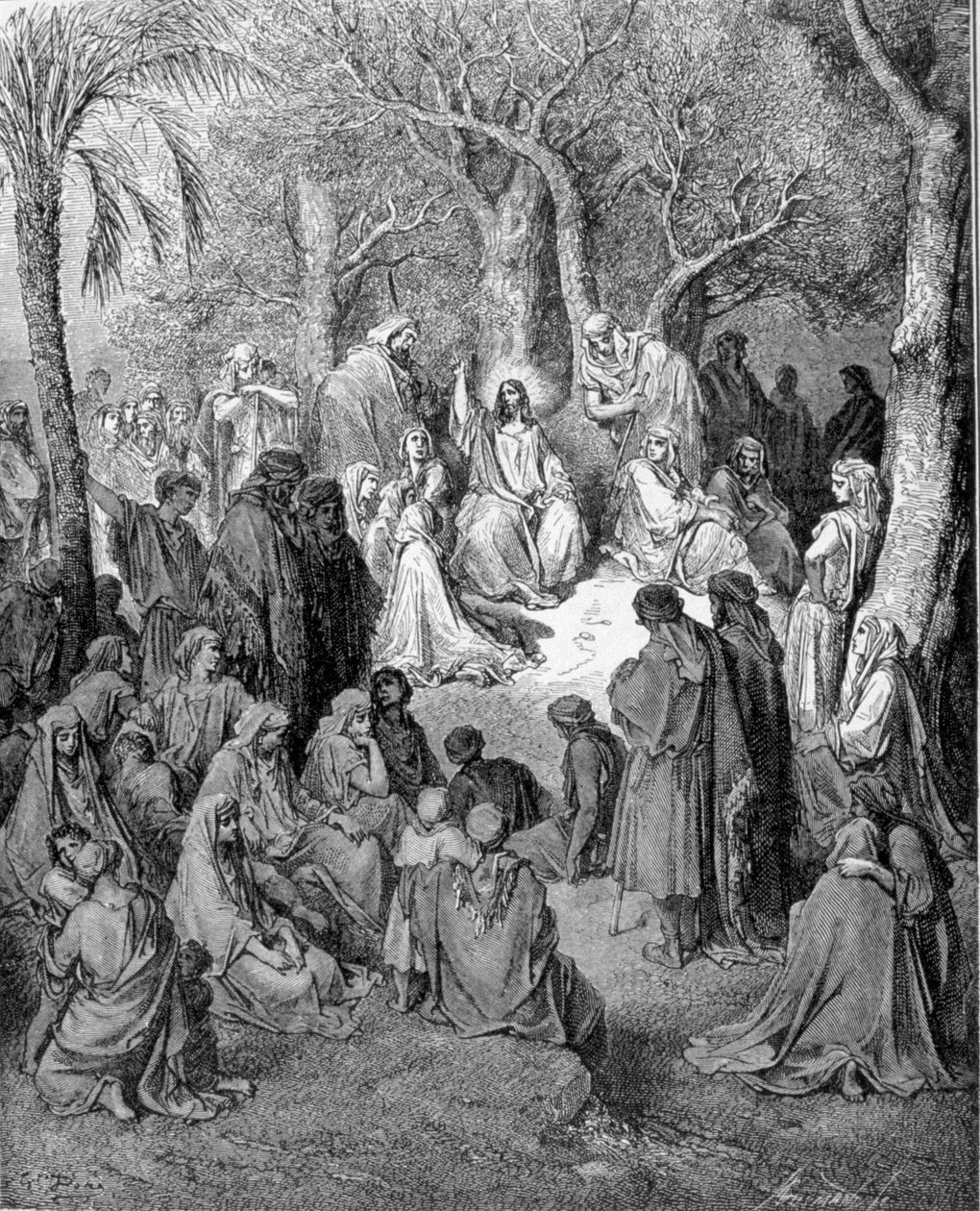 Dağın vaazı: İsa Mesih tüm öğrencilerinin önünde vaaz eder. Gustave Dore (1832-1883) 1866 tarafından İncil (Yeni Ahit) çizimi by Gustave Dore