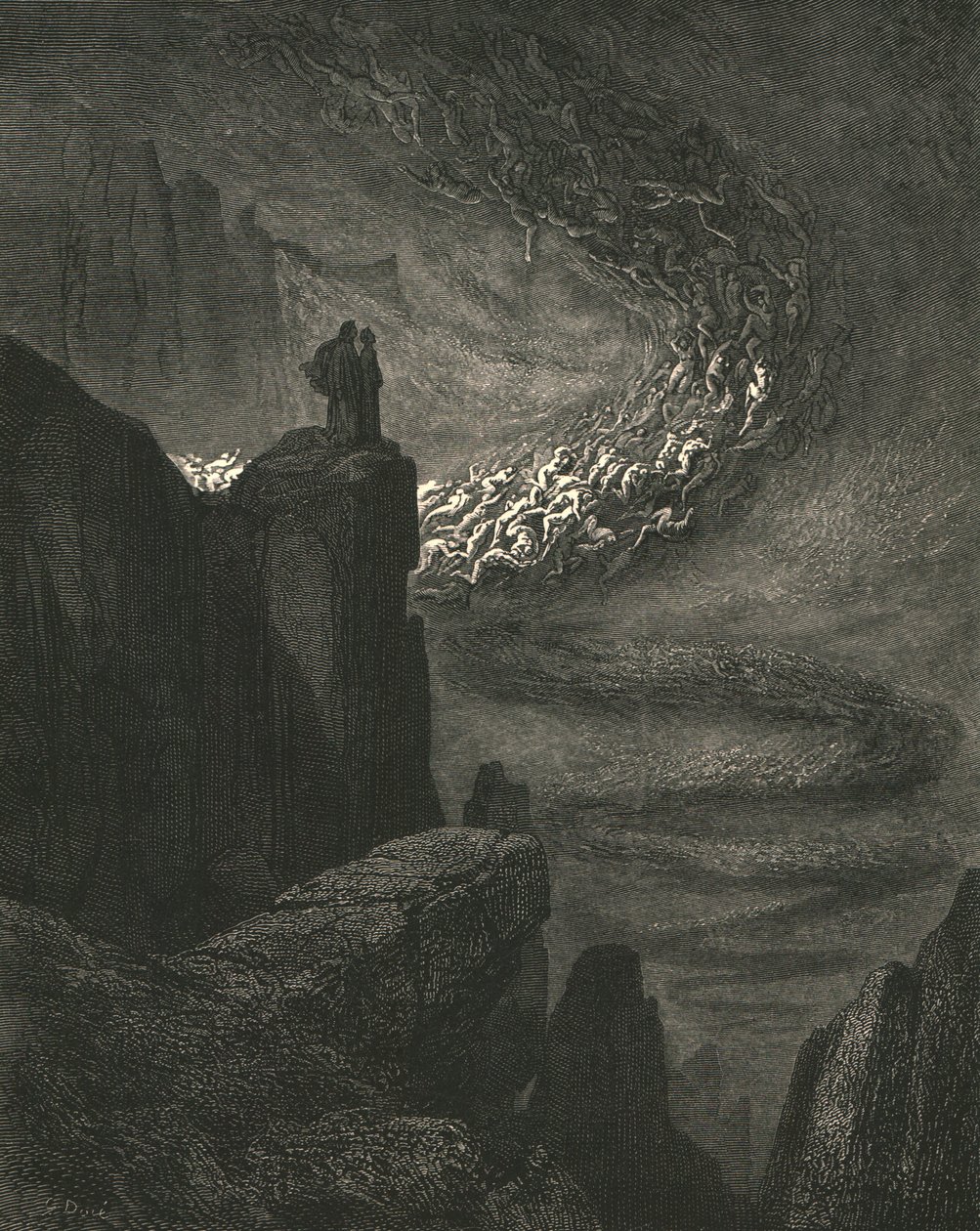 Huzursuz bir öfkeyle cehennemin fırtınalı patlaması ruhları harekete geçirir, c1890. by Gustave Dore