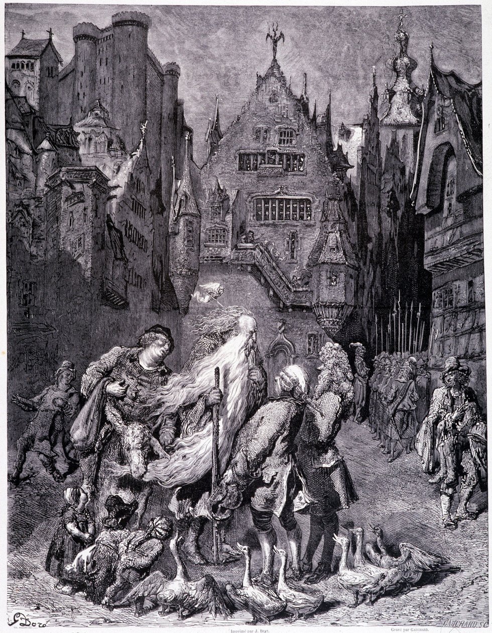 Bir şehirde meraklılarla çevrili gezgin Yahudi - Pitoresk Mağazanın Kitabevi Gustave Doré