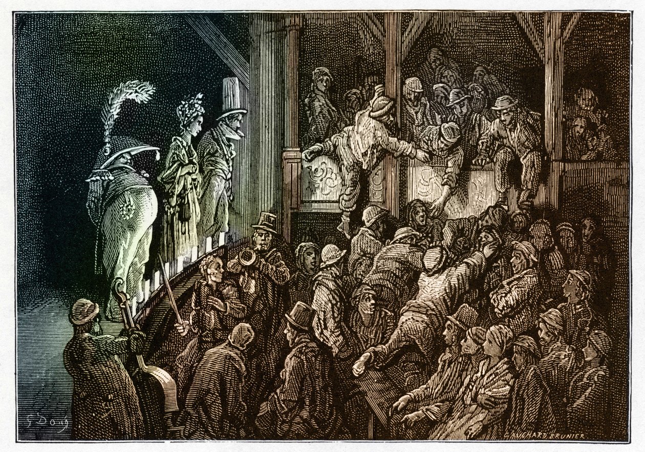 Tiyatro: bir tiyatro gösterisi sırasında seyirciler. Gustave Dore (1832-1883) tarafından resimlenen "Londra, Bir Hac Yolculuğu" adlı eserden renkli gravür by Gustave Dore