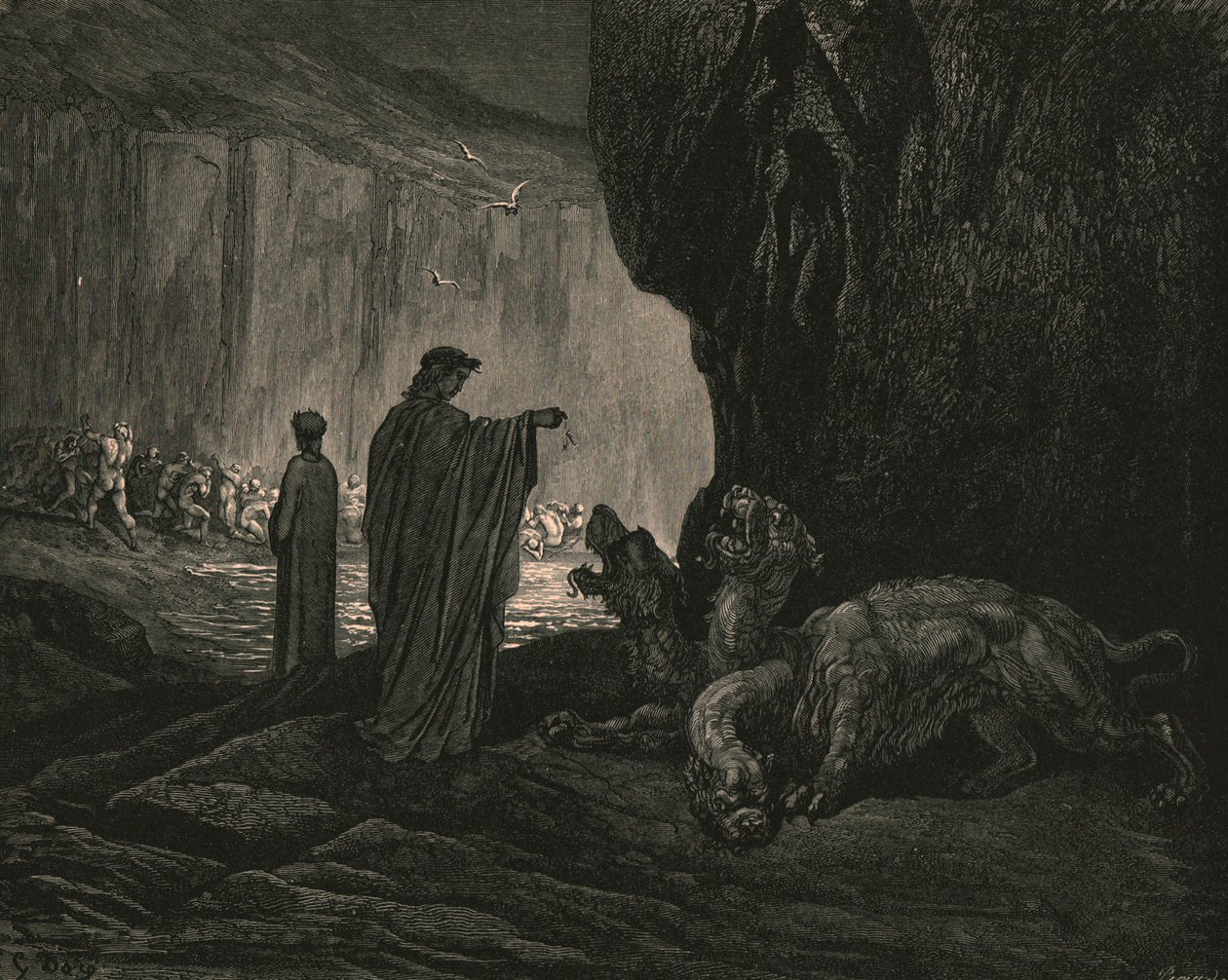 Sonra rehberim, avuçları yerde genişliyor, c1890. by Gustave Dore