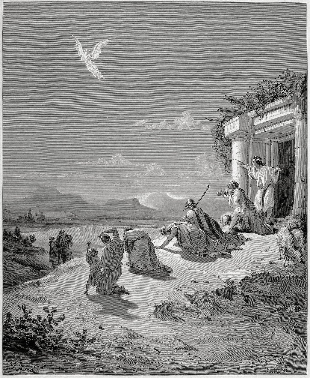 Tobias'ın ailesi, Melek Raphael'in ortadan kaybolduğunu görüyor by Gustave Dore