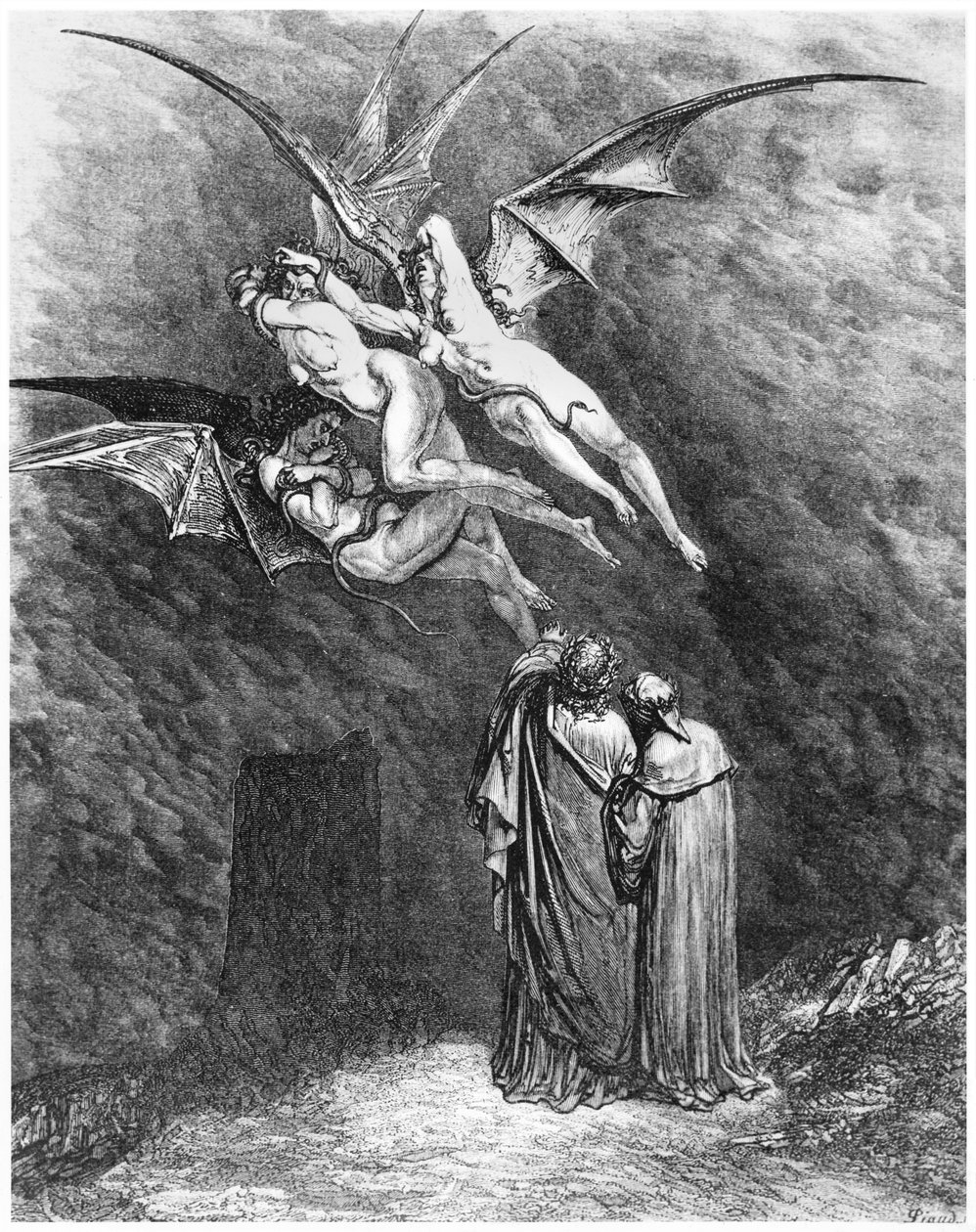 Virgil (70-19 BC) Dante ve Erinyes, Dante Alighieri (1265-1321) tarafından 'İlahi Komedya'dan (Cehennem) illüstrasyon, Paris, 1885 yayınlandı by Gustave Dore