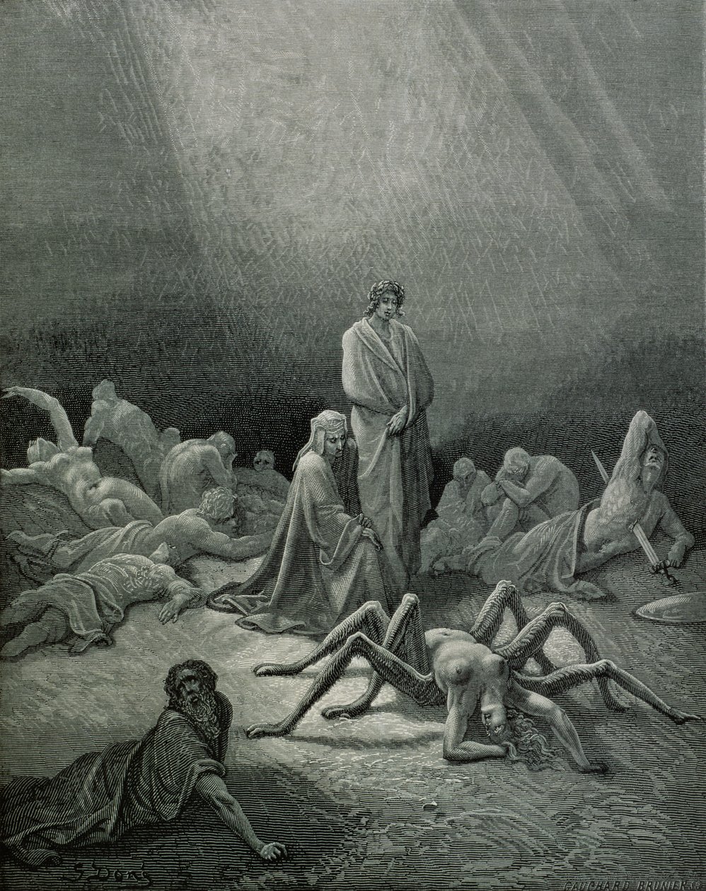 Virgil (MÖ 70-19) ve Dante örümcek kadına bakıyor, Dante Alighieri (1265-1321) tarafından 