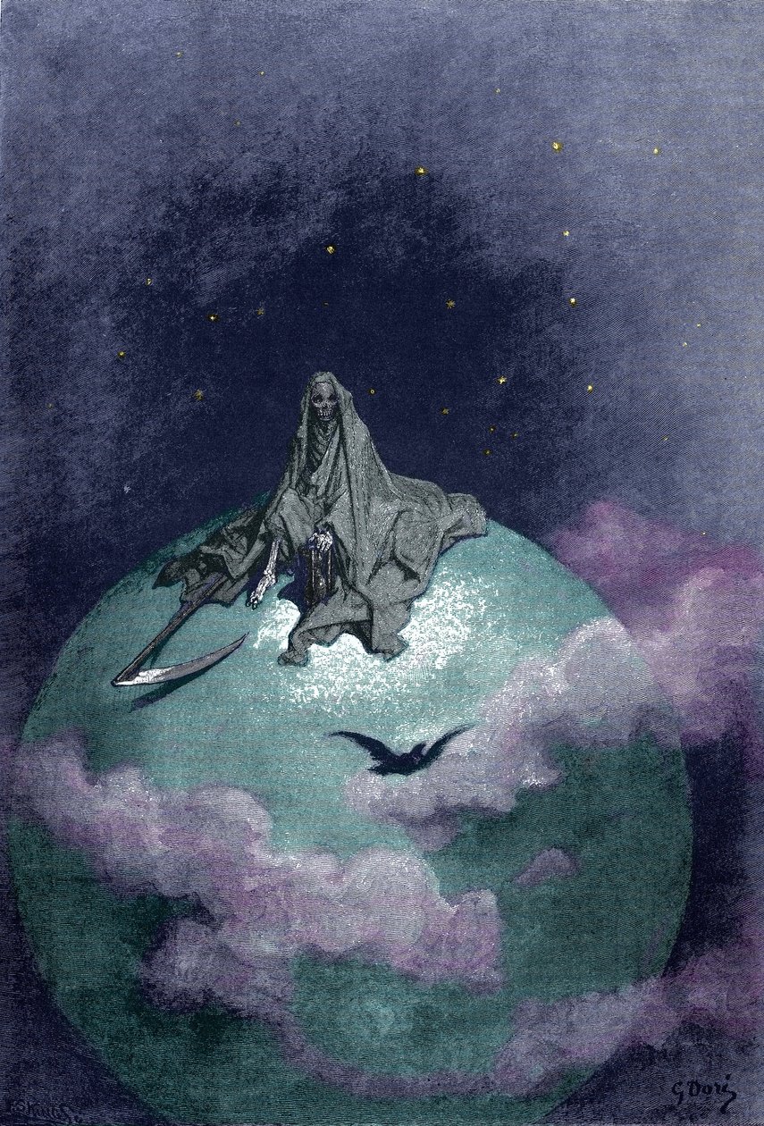 Sahte ile küre üzerinde oturan Ölüm Vizyonu. Gustave Dore