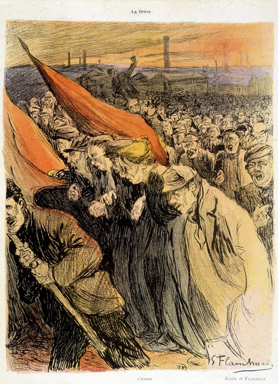 Kırmızı bayraklı kavisli kalabalık, “” La Grève”, Flaschoën, deb. 20. s. by Gustave Flasschoen