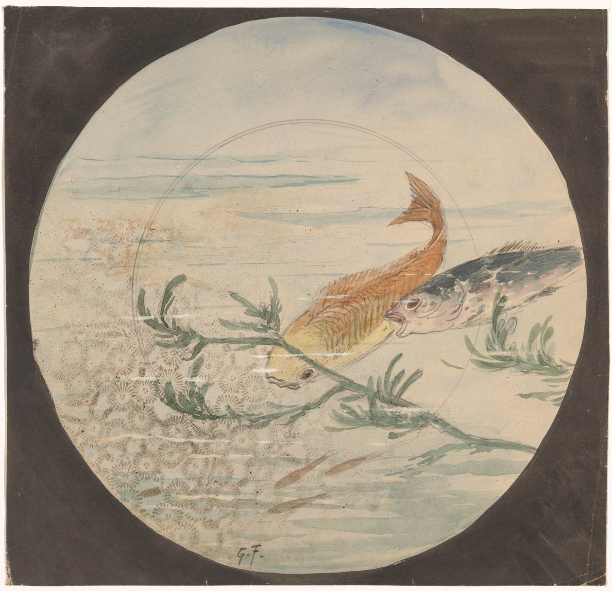 Sarı ve mavi bir balığın yüzdüğü bir işaret için tasarım by Gustave Fraipont (signed by artist)