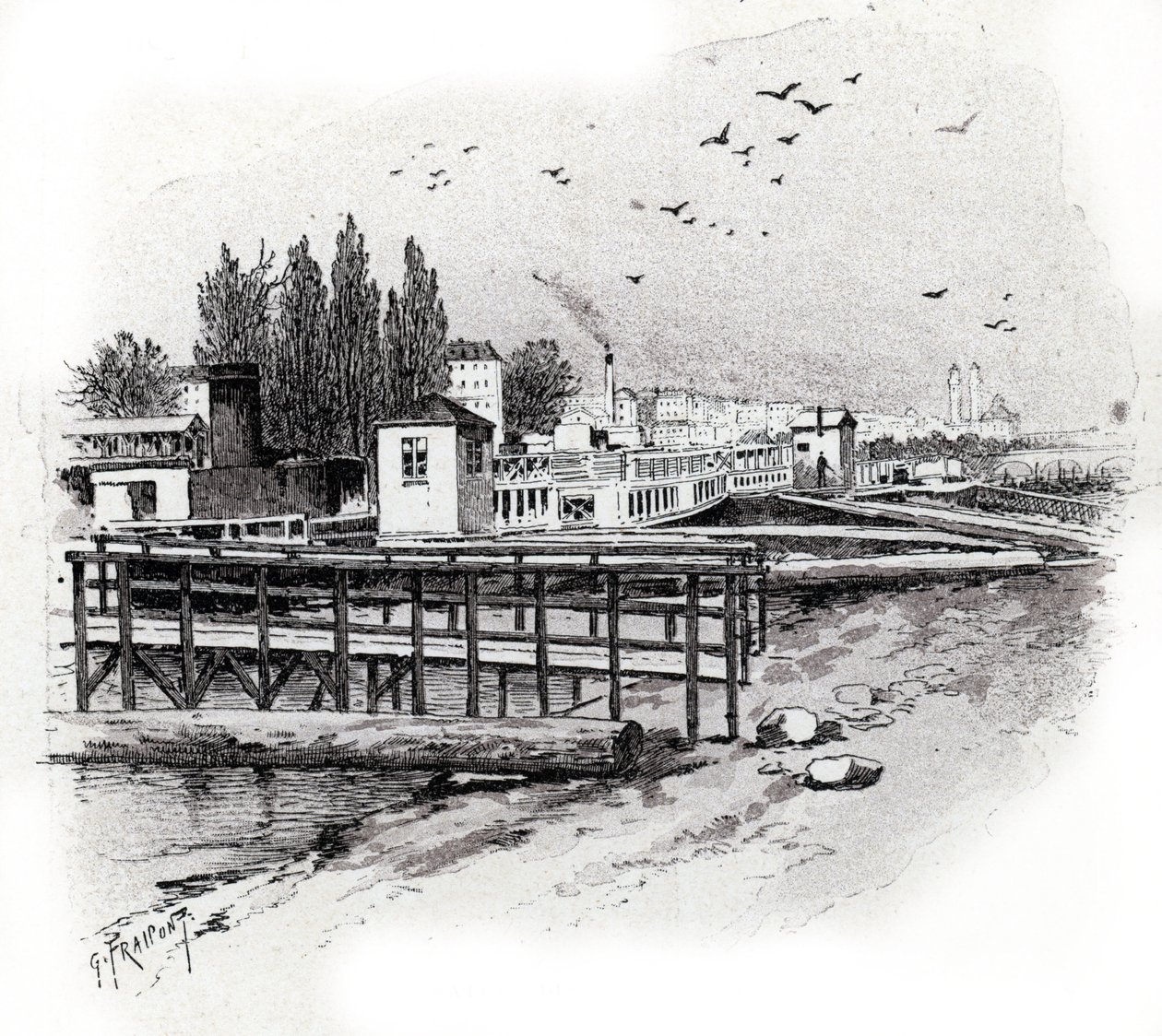 Paris'te Seine nehri üzerinde su otobüsleri (banliyö tekneleri) onarım atölyeleri Gustave Fraipont'un (1849-1923) çizimi, Saint-Judges'ın “La seine a travers Paris”inden alıntılar by Gustave Fraipont