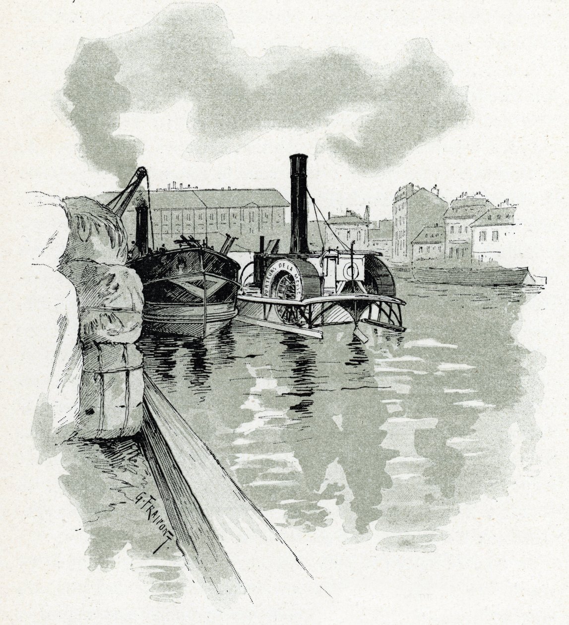 Paris, La Villette limanında demirleyen tekneler (Paris, La Villette limanındaki tekneler) Gustave Fraipont'un (1849-1923) çizimi, Saint-Juirs'in “La seine a travers Paris”inden alıntılar by Gustave Fraipont